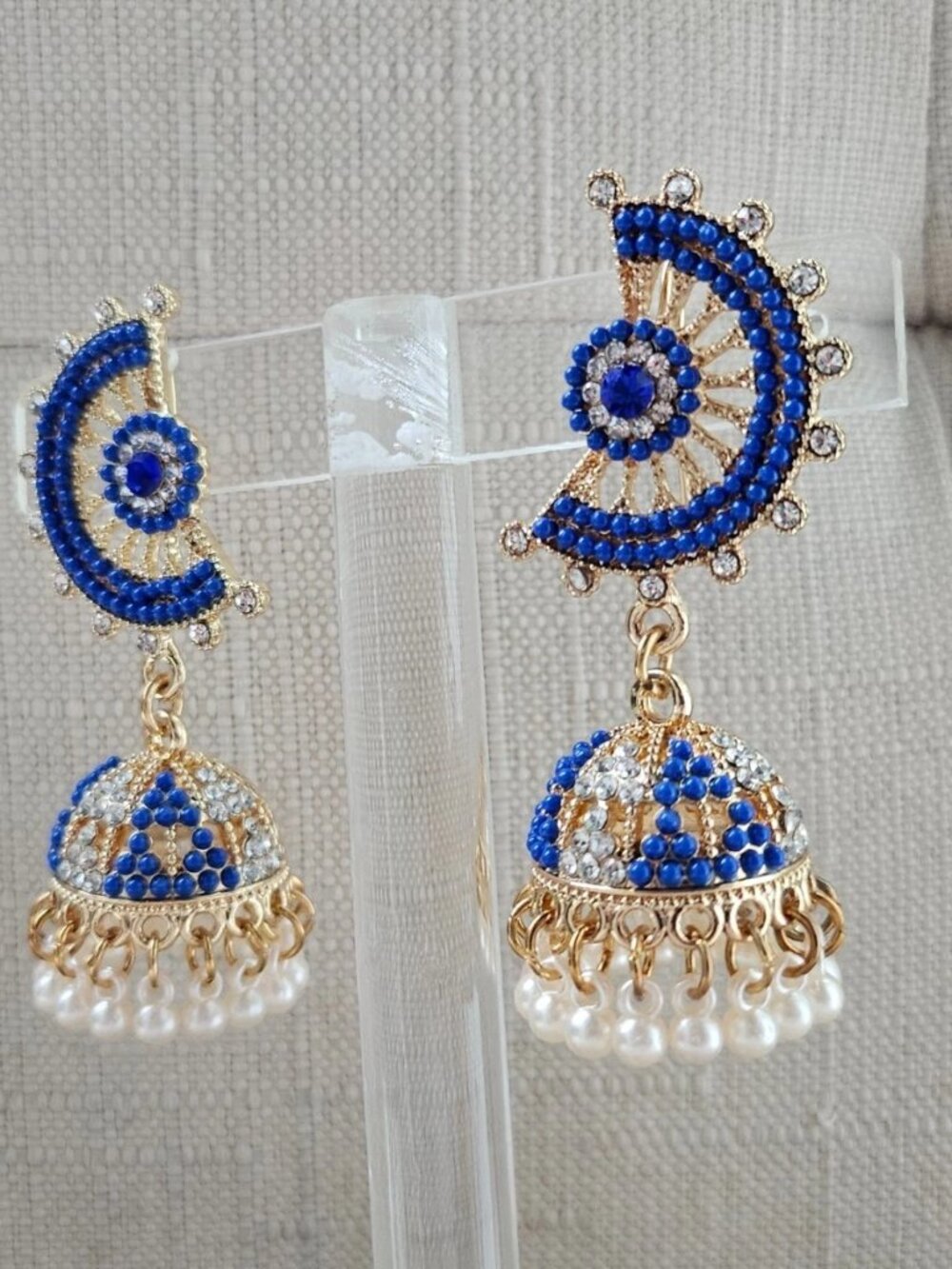 Jhumka Earrings Blue Tone Bead Gold Tone Chandelier High Quality Fashion Jewelry - Picture 3 of 12